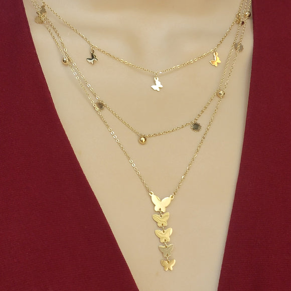 Necklace - Stainless Steel. 14K Gold Plated. Butterflies Layered Necklace. *Premium Q*