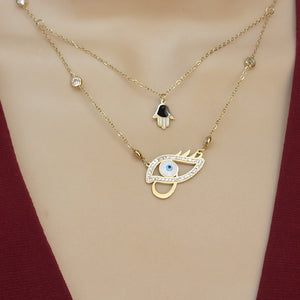 CLOSEOUT* Necklace - Stainless Steel Gold Plated. Evil Eye & Hamsa Hand Layered Necklace. *Premium Q*