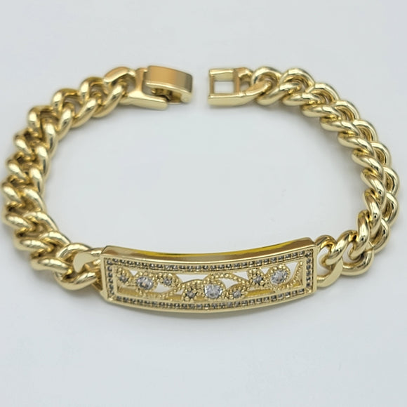Bracelets - 14K Gold Plated. Vintage ID CZ Plate - Curb Cuban Link Chain. *Premium Q*