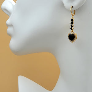 Earrings - 18K Gold Plated. Black Crystals Heart. Dangle.