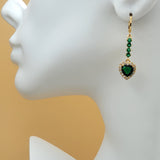 Earrings - 18K Gold Plated. Green Crystals Heart. Dangle.