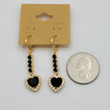 Earrings - 18K Gold Plated. Black Crystals Heart. Dangle.