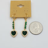 Earrings - 18K Gold Plated. Green Crystals Heart. Dangle.