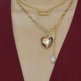 Necklace - 14K Gold Plated. LOVE Letters - Heart Double Layer. *Premium Q*