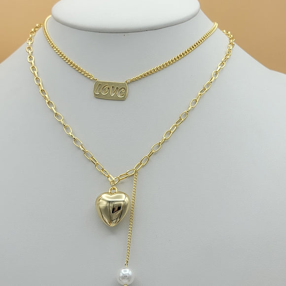 Necklace - 14K Gold Plated. LOVE Letters - Heart Double Layer. *Premium Q*