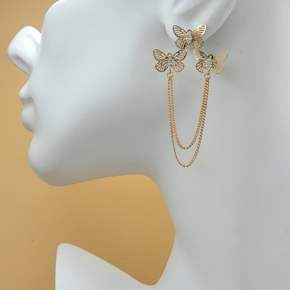 Earrings - 18K Gold Plated. 3 Butterflies - Clear Crystals *Premium Q*