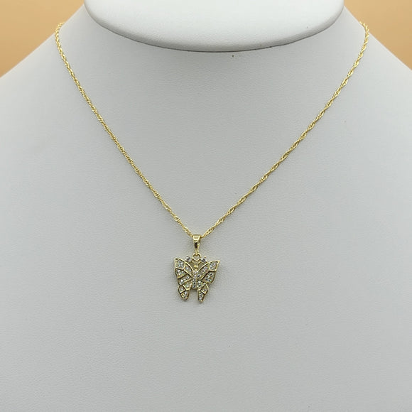 Necklace - 14K Gold Plated. CZ Butterfly & Chain.  *Premium Q*