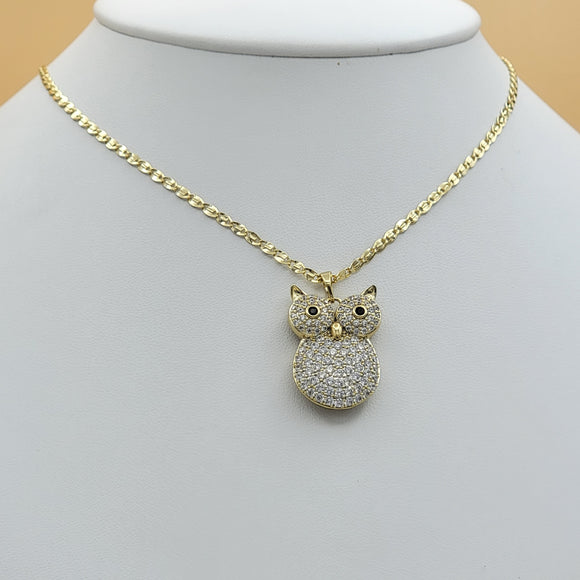 Necklace - 14K Gold Plated. Owl CZ Pendant & Chain. Buho *Premium Q*