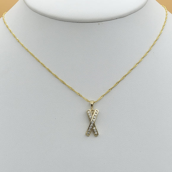 Necklace - 14K Gold Plated. X Pendant & Chain. *Premium Q*