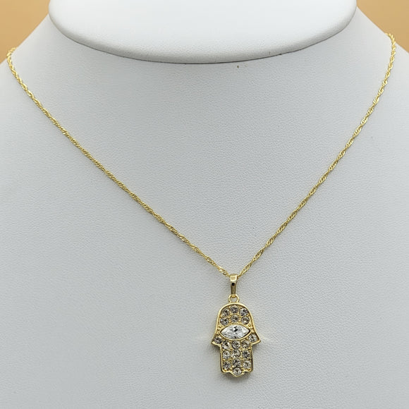 Necklace - 14K Gold Plated. Hamsa Hand & Evil Eye Pendant & Chain. *Premium Q*