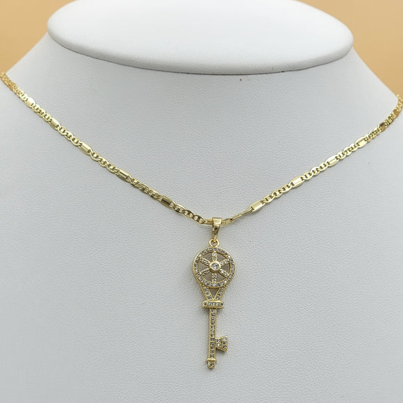Necklace - 14K Gold Plated. Key CZ Pendant & Chain. Llave *Premium Q*