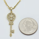 Necklace - 14K Gold Plated. Key CZ Pendant & Chain. Llave *Premium Q*
