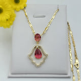Necklace - 14K Gold Plated. Hamsa Hand Dark Red Pink CZ Pendant & Chain. *Premium Q*