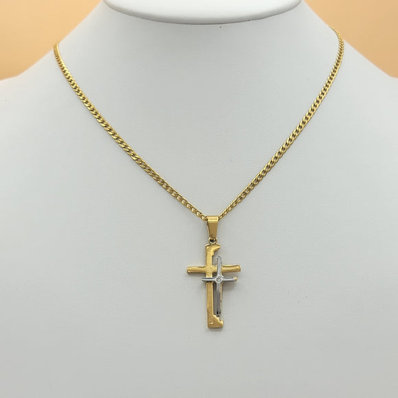 Necklace - Stainless Steel. Two Tone. Double cross - Doble cruz *Premium Q*