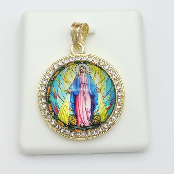 Pendants - 14K Gold Plated. Miraculous Lady. La Milagrosa. Round w/crystals.