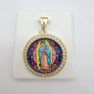 Pendants - 14K Gold Plated. Our Lady of Guadalupe Round w/crystals.