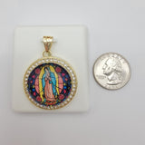 Pendants - 14K Gold Plated. Our Lady of Guadalupe Round w/crystals.
