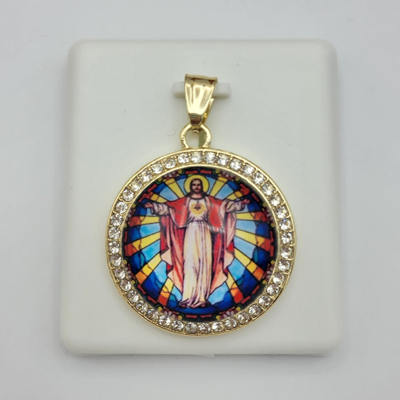 Pendants - 14K Gold Plated. Sacred Heart of Jesus. Sagrado Corazon. Round w/crystals.