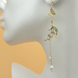Earrings - 14K Gold Plated. Butterflies - Pearls - Green Nature. Long.