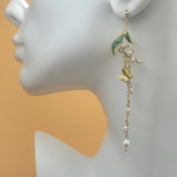 Earrings - 14K Gold Plated. Butterflies - Pearls - Green Nature. Long.