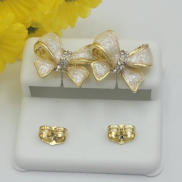 Earrings - 14K Gold Plated. Beige Bow - Clear crystals.