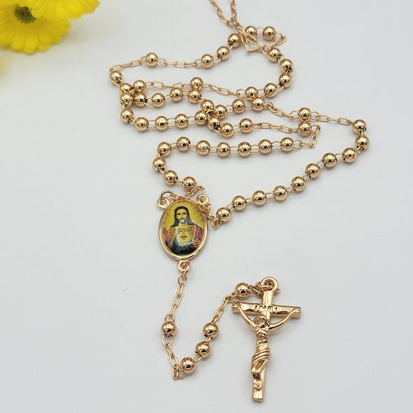 Rosary - 18K Gold Plated. Sacred Heart of Jesus. Sagrado Corazon. *Premium Q*
