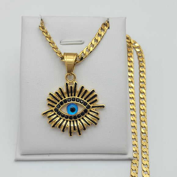 Necklace - 24K Gold Plated. Evil Eye Talisman & Cuban Chain.  *Premium Q*