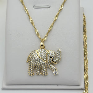 Necklaces - 14K Gold Plated. Elephant with crystals & Chain. *Premium Q*