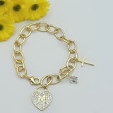 Bracelets - 14K Gold Plated. Heart M Cross Bracelet. (Small size 6.5in) *Premium Q*