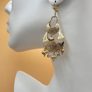 Earrings - Tri Color Gold Plated. Lightweight Chandelier Hearts Earrings.