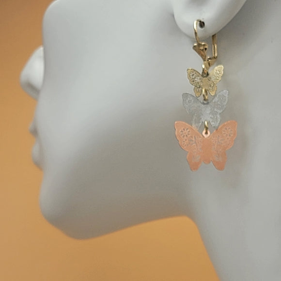 Earrings - Tri Color Gold Plated. Lightweight Butterfly Earrings.