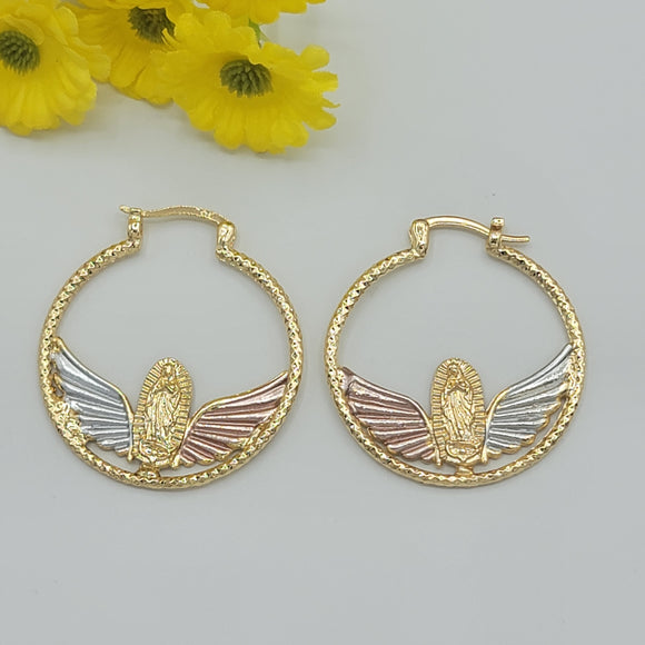 Earrings - Tri Color Gold Plated. Our Lady of Guadalupe Wing Hoops.
