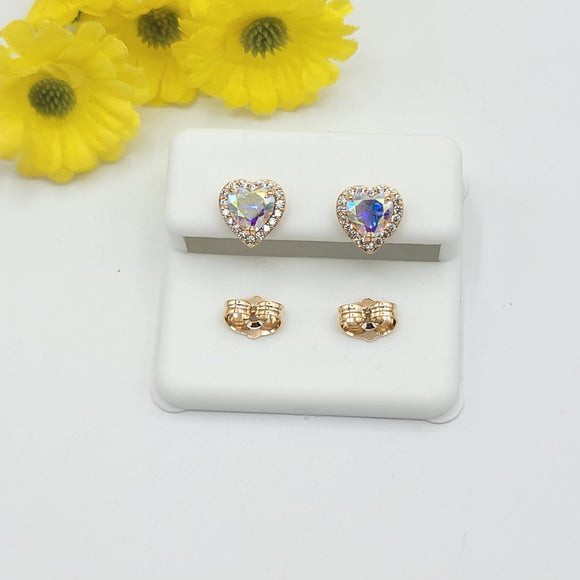 Earrings - 18K Gold Plated. Heart Stud Earrings. Rainbow 8.5mm CZ.  *Premium Q*