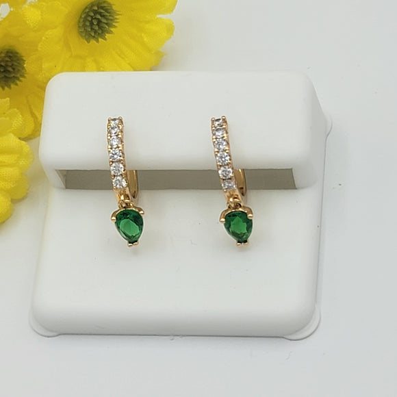 Earrings - 18K Gold Plated.  Clear & Green Crystals Small Hoops. *Premium Q*