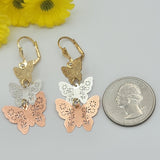 Earrings - Tri Color Gold Plated. Lightweight Butterfly Earrings.