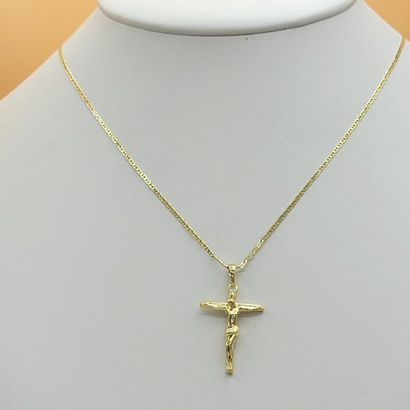 Necklace - 14K Gold Plated. Crucifix Jesus Cross Pendant & Chain. *Premium Q*