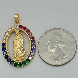 Pendants - 14K Gold Plated. Nuestra Señora de Guadalupe - Oval. Multicolor Crystals.