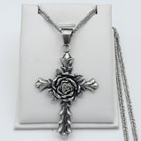 Necklace - Stainless Steel. Vintage Rose Cross Pendant - Chain.  *Premium Q*