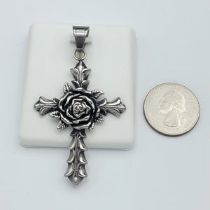 Necklace - Stainless Steel. Vintage Rose Cross Pendant - Chain.  *Premium Q*