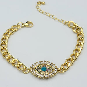 Bracelets - 14K Gold Plated. Blue Evil Eye. Curb link chain.