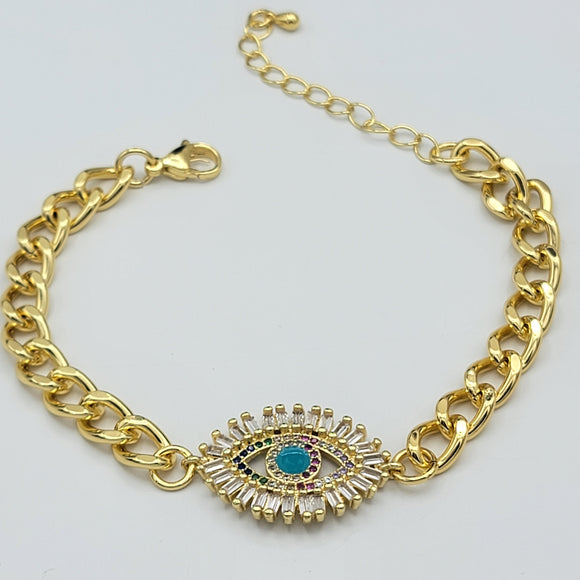 Bracelets - 14K Gold Plated. Blue Evil Eye. Curb link chain.