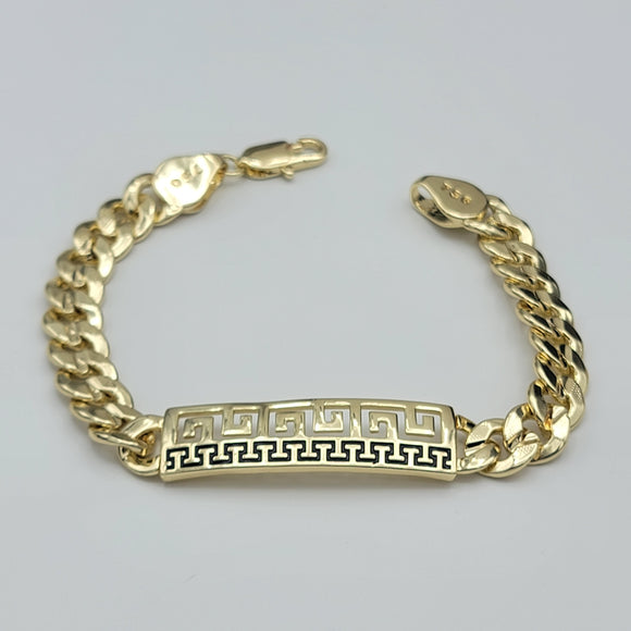 Bracelets - 14K Gold Plated. Greek Design ID Bracelet 8.5in L. Curb Link.