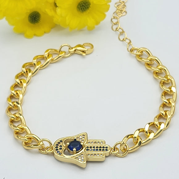 Bracelets - 14K Gold Plated. Fatima Hand, Blue Crystal. Curb link chain.