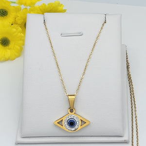 Necklace - Stainless Steel Gold Plated. Blue Black Evil Eye.