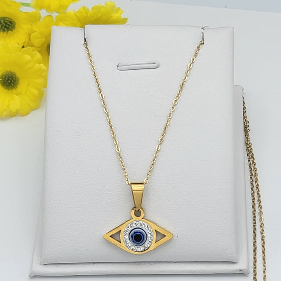 Necklace - Stainless Steel Gold Plated. Blue Black Evil Eye.