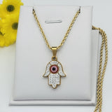 Necklace - Stainless Steel Gold Plated. Hamsa Hand & Evil Eye Pendant & Chain.