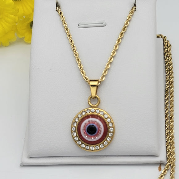Necklace - Stainless Steel Gold Plated. Round Red Evil Eye.