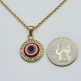 Necklace - Stainless Steel Gold Plated. Round Red Evil Eye.