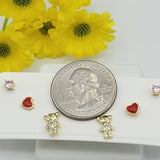 Earrings - 14K Gold Plated. Bear - Heart - Solitaire Set. Girls. Children. *Premium Q*