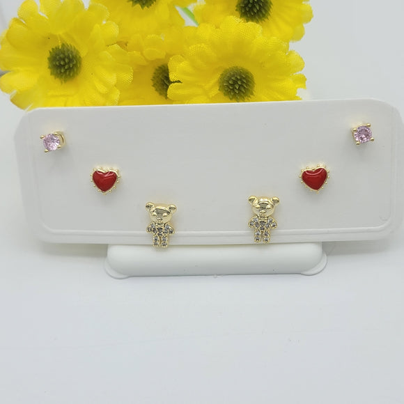 Earrings - 14K Gold Plated. Bear - Heart - Solitaire Set. Girls. Children. *Premium Q*
